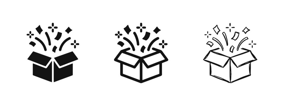 Surprise box icons with confetti explosion, gift opening symbol in solid, line, and hand-drawn styles