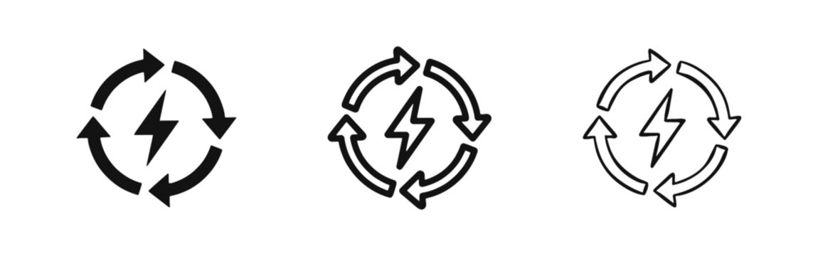 Renewable energy icons with lightning bolt and recycle arrows in solid, line, and hand-drawn styles