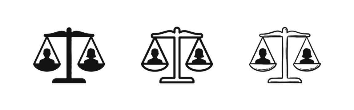 Gender equality icons with scales of justice and human figures in solid, line, and hand-drawn styles