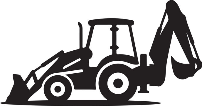 Black silhouette backhoe loader, construction vehicle icon, heavy equipment symbol, industrial tractor