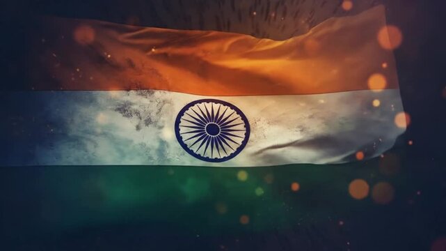 Iconic Indian Flag Waves Majestically Amidst Subtle Bokeh Lights and Dramatic Lighting, Evoking Patriotism and National Pride