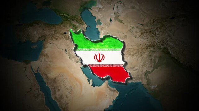 Iran highlighted on Middle East map with flag overlay animation