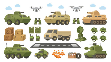 Fototapeta premium Flat Military Vehicles and Equipment Vector Illustration