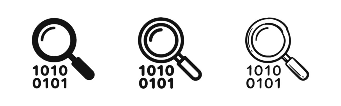 Data analysis icons with magnifying glass and binary code in solid, line, and hand-drawn styles