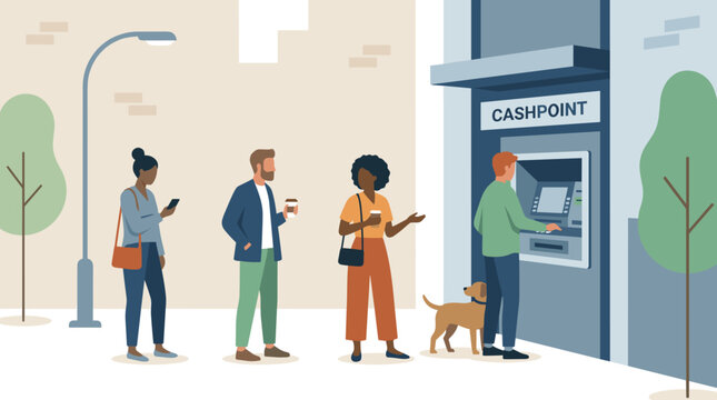 People Wait in a Line at an Outdoor Transaction Machine for Financial Operations