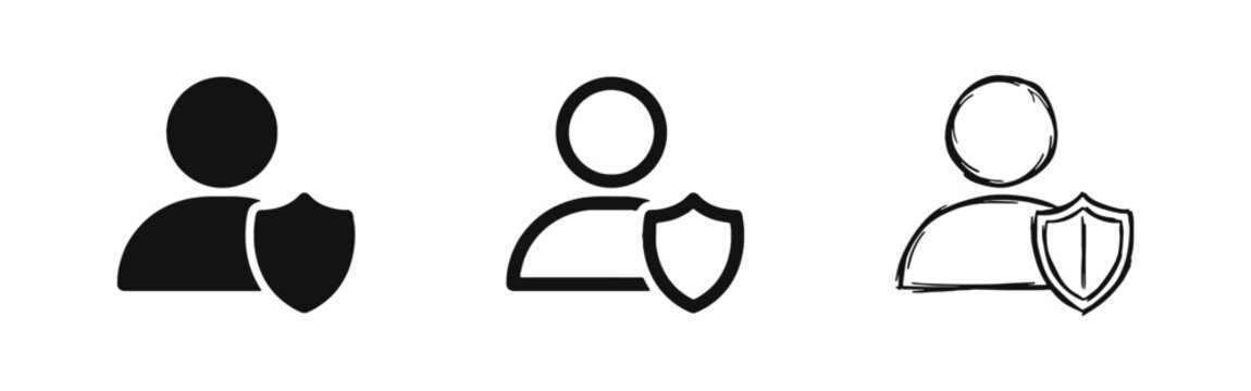 User protection icons with person profile and security shield in solid, line, and hand-drawn styles