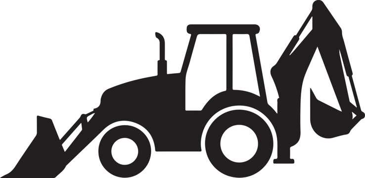 Black backhoe loader, excavator silhouette, construction vehicle icon, heavy equipment symbol