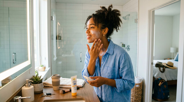 Woman applying skincare in bathroom