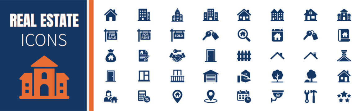 Real estate icons set, property and house vector line icons collection.
