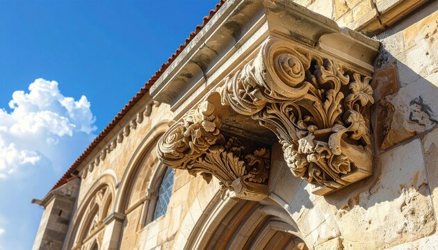 Ornate stone corbel detail on historic building under blue sky