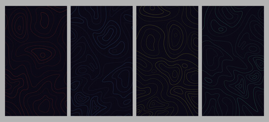 Vector illustration. Dark topographic map wallpapers. Tech style lines on a black background. Design for vertical banner, flyer, coupon, advertisement. Minimalist geographic terrain pattern © VVadi4ka