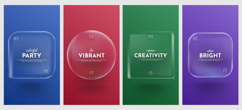 Vector illustration. Set of 3D glass morphism bright frames. Transparent speech bubbles with brackets on colorful backgrounds. Modern template for vertical background, flyer. Sleek and glossy style