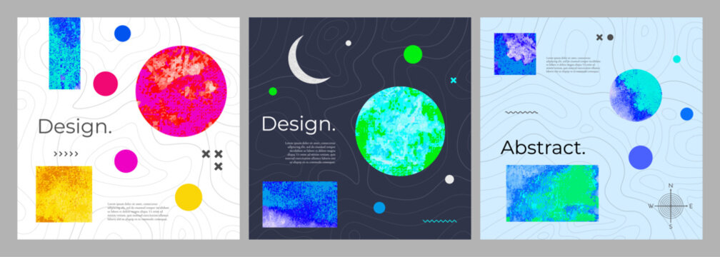 Vector illustration. Abstract background with colorful geographic elements. Vibrant heat map textures and planetary circles. Design elements for social media, web banner template, blog post