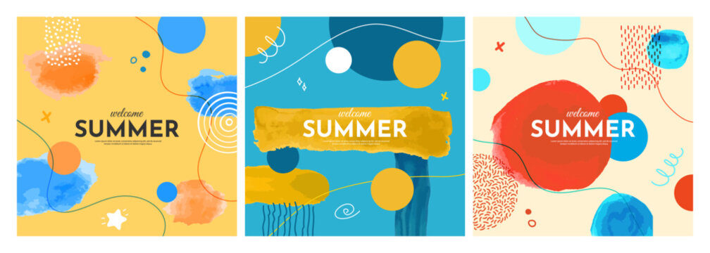 Vector illustration. Bright background. Watercolor paint brush strokes and hand-drawn doodle elements. Trendy abstract color design for social media, web banner, blog post. Colorful, childish style
