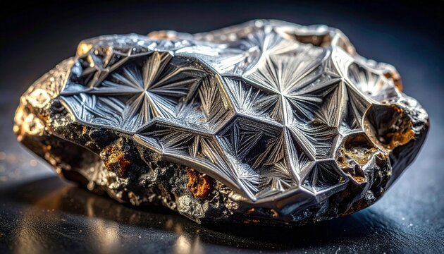 Polished raw mineral specimen with intricate crystal formations on dark surface