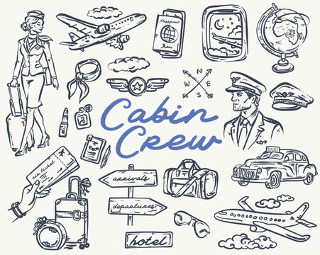 Cabin Crew - Airplane and Airport vector hand drawn illustration set