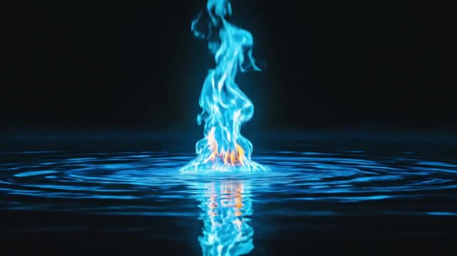 A captivating pillar of brilliant blue fire emerges from a dark, reflective water surface, its elegant ascent marked by ethereal ripples, symbolizing elemental energy and transformative power