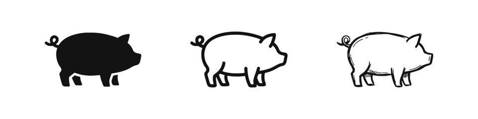 Fototapeta premium Pig Icons in Solid, Outline, and Hand-Drawn Sketch Style