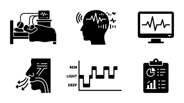Sleep Study Icons: Polysomnography, Brainwaves, ECG, Respiration, Sleep Stages, Medical Report Vector Set
