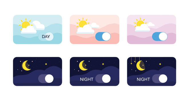 User interface day and night mode toggle switches showing sun and moon landscapes with clouds and mountains.