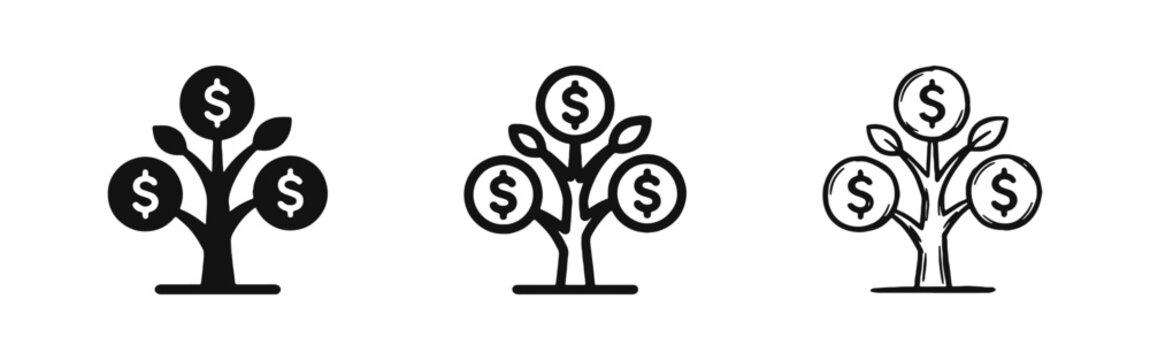 Money Tree with Dollar Coins Icons, Financial Growth, Solid, Outline, and Sketch