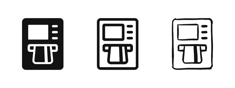 ATM machine icon set, cash point, automated teller machine with credit card, banking and finance service