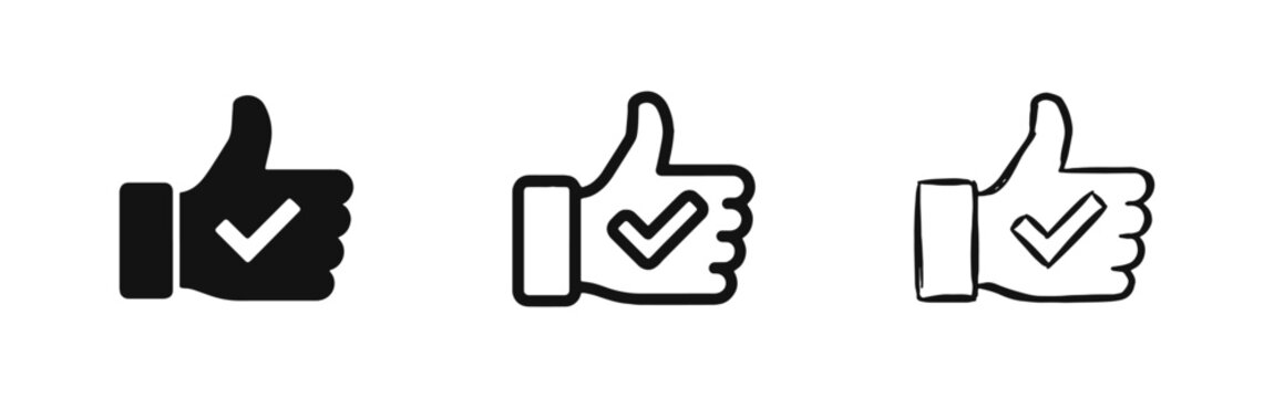 Approval icon set, thumbs up with check mark, positive feedback and success confirmation symbol