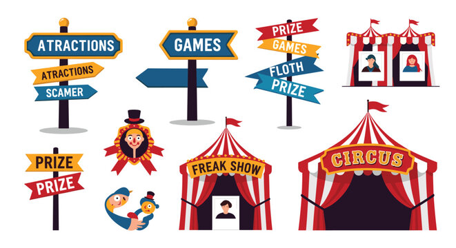 Fun circus carnival elements set featuring colorful tents directional signposts prize ribbons and attraction signs.