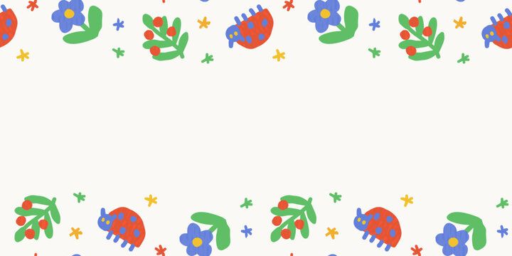 Horizontal Border Template with Hand Drawn Ladybugs and Wildflowers Whimsical Floral Frame for Banner and Stationery
