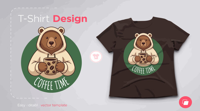 This fashionable T-shirt design features an adorable bear holding a coffee cup, encapsulating cozy vibes and a love for coffee, great for casual apparel lovers.
