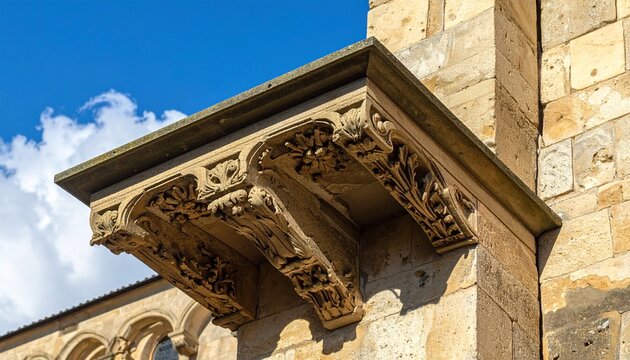 Ornate stone corbel supporting historic building facade under blue sky