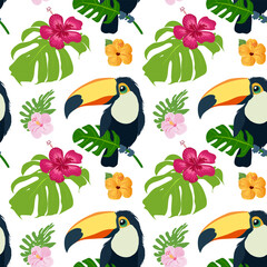 Obraz premium Seamless pattern with toucans, hibiscus flowers and monstera leaves. Bright tropical print in vector style on white background for children's clothing, textiles, wallpapers and summer design.