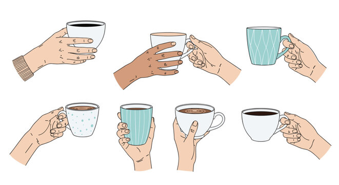 Assorted collection of hands holding various ceramic coffee mugs and tea cups in different positions over white background.