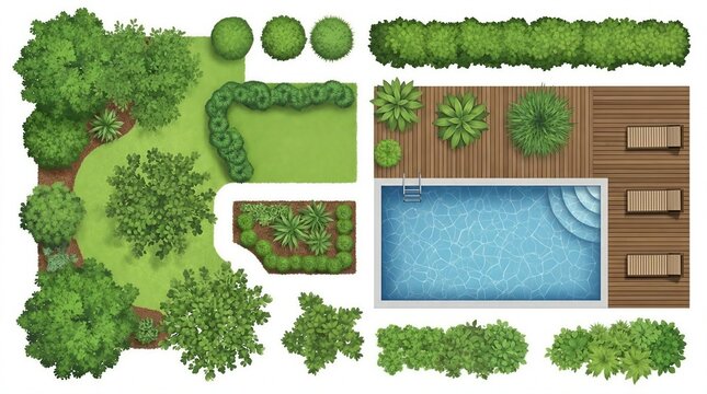 Backyard landscape design aerial view pool deck garden illustration photo