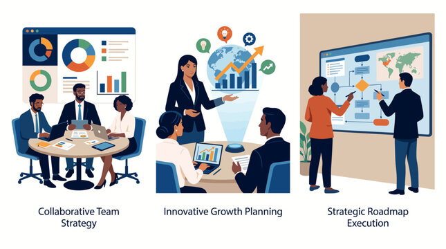 This image presents a diverse team engaged in collaborative discussions, highlighting strategic planning and growing through innovative ideas in a professional environment.