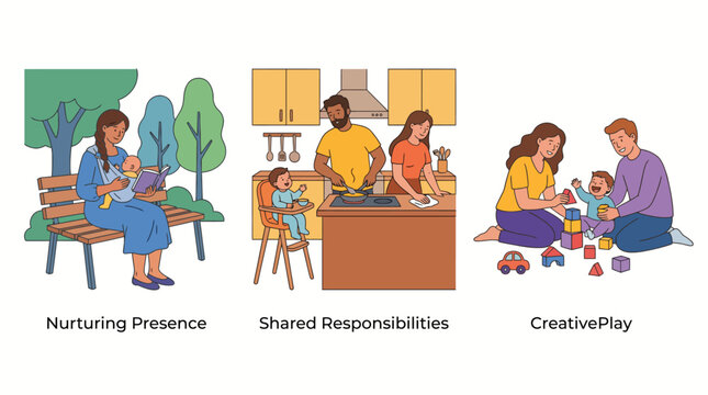 This image showcases the concept of nurturing presence, featuring a parent reading to a child in a calm and loving outdoor setting, emphasizing the importance of parent-child bonding.