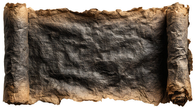 An antique blank scroll for a treasure map, with a texture that has a dark burnt edge and a transparent background