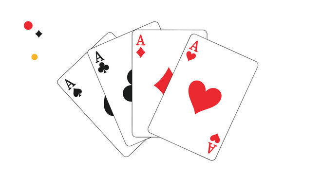 Four aces of different suits from a deck of cards are fanned out against a plain white background for gambling themes.