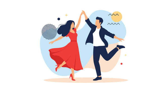 Elegant couple in formal attire performs a ballroom dance together against a backdrop of abstract shapes and soft colors.