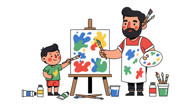 Artistic Bond: A father and son immerse themselves in the creative world of art, collaborating on a vibrant canvas, brushes in hand, amidst a colorful palette of paints.
