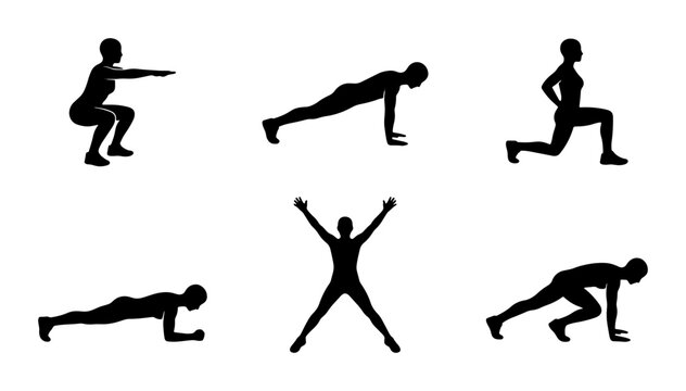 Fitness Silhouette Icons, 6 Exercise Poses Vector Set, Bodybuilding Workout Moves, Strength Training Graphics, Health Activity Collection, Gym Training Illustrations