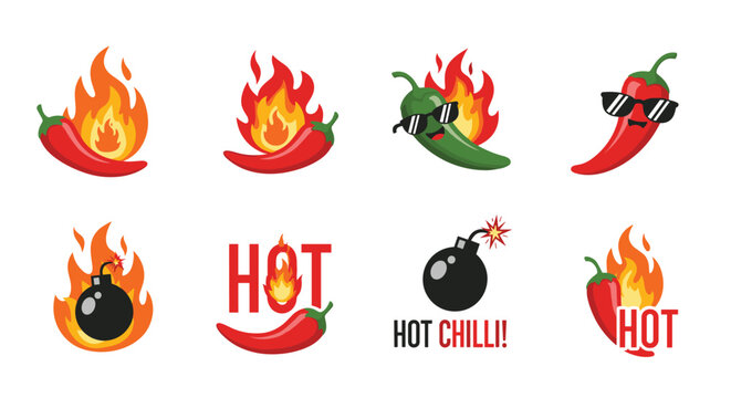 Assortment of hot chili pepper icons features spicy characters with flames, sunglasses, and explosive bomb graphics.