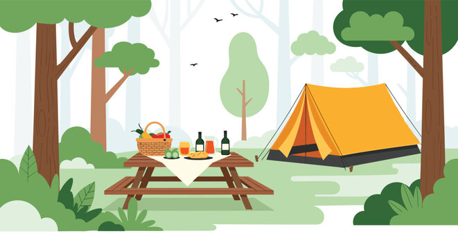 Peaceful camping site in the woods includes an orange tent and a wooden picnic table spread with food and drinks for a meal.