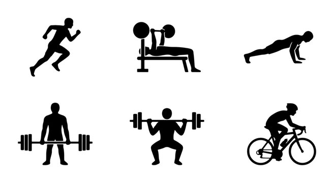 Fitness Icons Set, Silhouette Workout Graphics, Active Lifestyle Symbols, Cardio and Strength Training Vector Collection