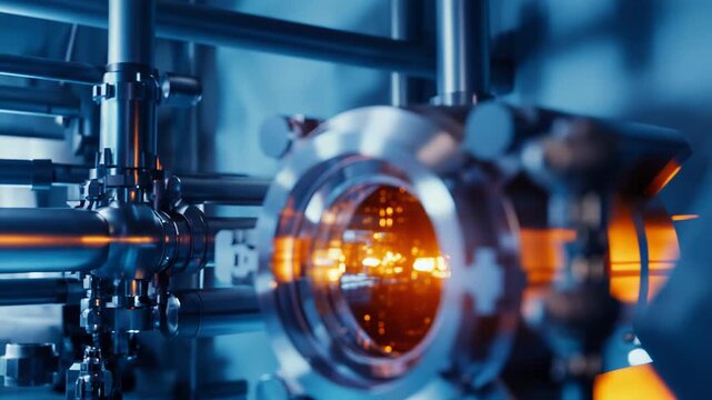 Quantum computing machine operating with an illuminated core, conceptualizing advanced technology, scientific research, and complex engineering in a modern laboratory setting
