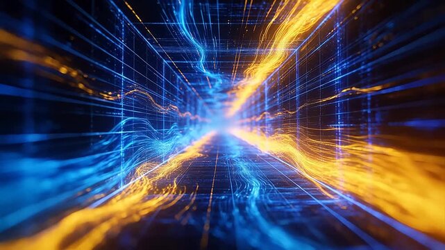 Abstract futuristic tunnel with blue and gold flowing light lines
