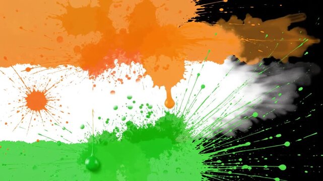 Vibrant Indian flag colors splash across a dark backdrop creating a patriotic and artistic visual