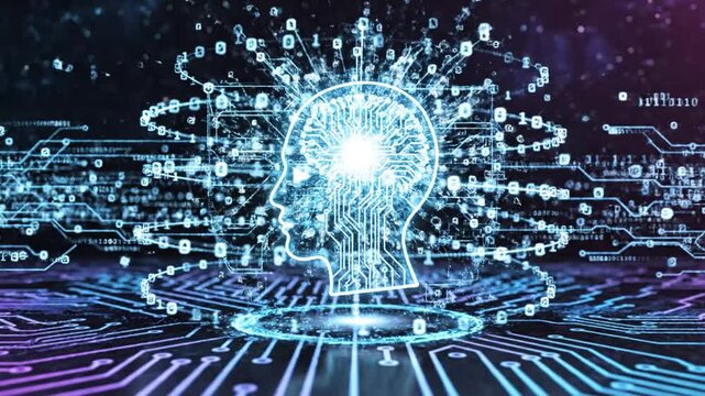 Glowing digital human brain inside wireframe head hovering over circuit board in futuristic cyberspace environment