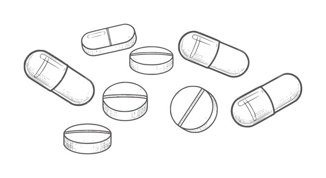 Hand drawn of various pills and capsules white medicine healthcare handdrawn
