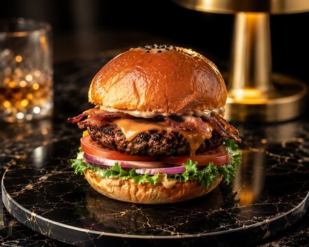 Delicious bacon cheeseburger on black marble table with gold accents